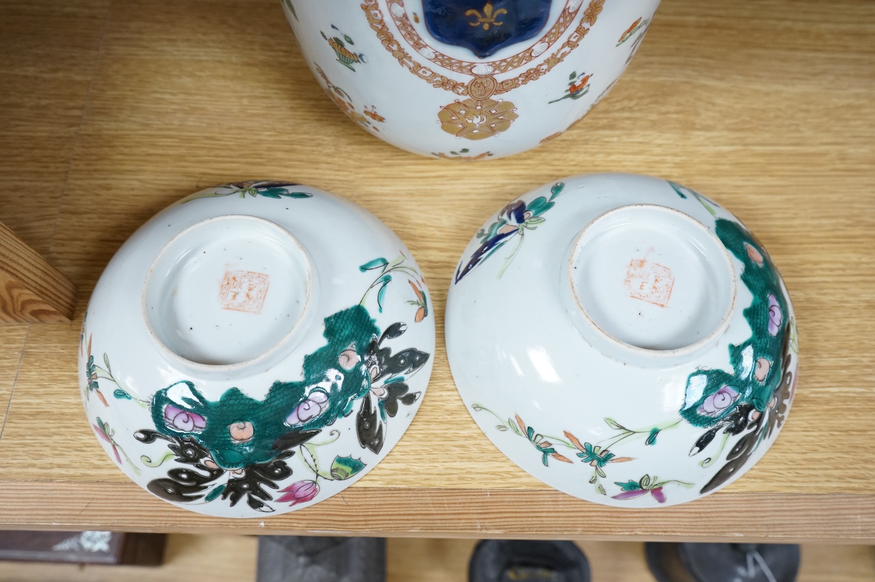 A Samson armorial jar and cover and two Chinese famille rose bowls, jar and cover 26cm high